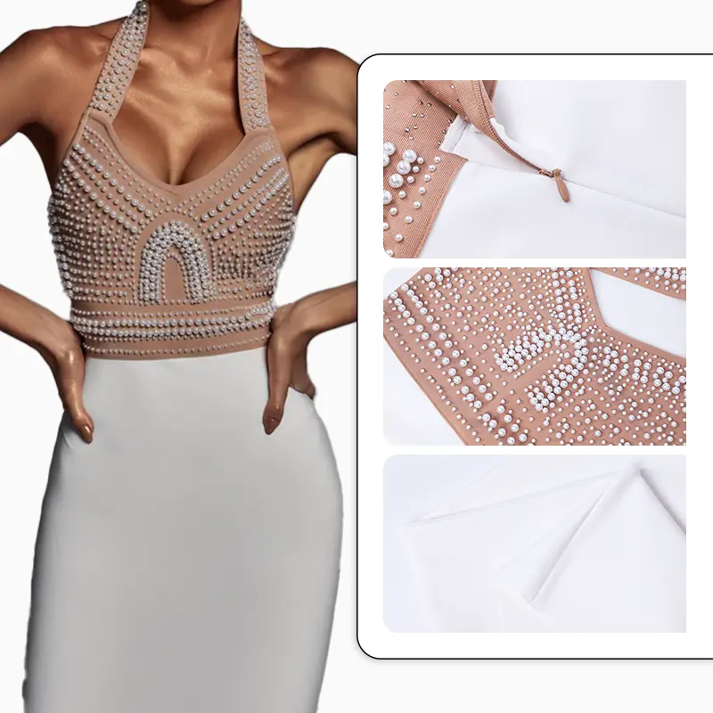 Custom Manufacturer Women Pearl Beaded Dress 2023 Halter Neck Birthday Midi Bandage Dinner Elegant Party Dress for Women