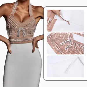 Custom Manufacturer Mulheres Pearl Beaded Dress 2023 Halter Neck Birthday Midi Bandage Dinner Elegant Party Dress for Women