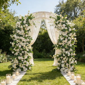 DKB Meilleures ventes Arche florale en forme de corne en soie artificielle avec roses blanches et delphiniums pour la décoration de cérémonies de mariage et les toiles de fond de demande en mariage - Product Image 1
