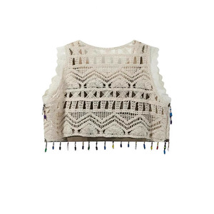 Top corto de punto sin mangas estilo bohemio para mujer, chaleco transpirable de algodón para verano - Product Image 1