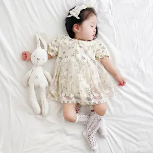 Kaliteli elbiseler için bebek kız dantel çiçekli tulum elbise butik 0-3 yıl bebek kız giysileri nokta