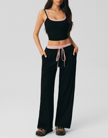 Nouvel ensemble de yoga color-block pour femme : débardeur court de sport imprimé pois personnalisé et pantalon large de fitness à taille élastique avec cordon de serrage