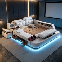 Lit en cuir intelligent multifonctionnel pour chambre principale avec rangement et massage, lit plateforme en cuir pour divertissement à domicile