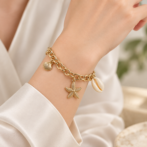 Bracelet à breloques étoile de mer en acier inoxydable plaqué or 14 carats par placage sous vide, chaîne réglable, bijoux - Product Image 5