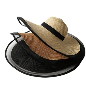 Chapéu de palha de aba larga para mulheres, chapéu de sol dobrável para viagens e férias, chapéu de praia com aba larga UV UPF 50 + bonés