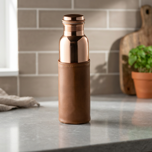 Botella de agua de cobre natural con funda de cuero, moderna y reutilizable, para viajes, oficina, hogar y cocina. - Product Image 1