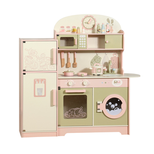 COMMIKI ahşap çocuklar pembe yeşil buzdolabı fırın lavabo çamaşır makinesi pişirme ve sebze yıkama oyuncak ile mutfak seti taklit - Product Image 1