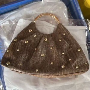 New explosive fashion nail bead straw bag vacation seaside beach woven pleated <b>ring</b> handbag for women Bag - Product Image 3