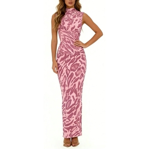 <span class=keywords><strong>Abito</strong></span> lungo da donna senza maniche a collo alto con stampa, cintura a corsetto e coulisse in vita a stile fishbone Sehe Fashion - Product Image 1