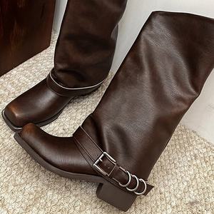 Venta Directa de Fábrica, Botas de Mujer hasta la Rodilla, Otoño 2025, Nuevas, a la Moda, de Cuero Genuino, Tacón Cuadrado, Decoración con Cierre Metálico - Product Image 6