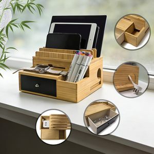 Stations <span class=keywords><strong>de</strong></span> charge pour table <span class=keywords><strong>de</strong></span> chevet BH, organiseur électronique en <span class=keywords><strong>bambou</strong></span> avec tiroir et porte-stylo pour plusieurs appareils - Product Image 2