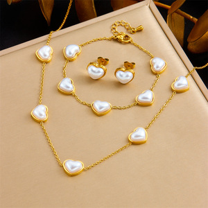 Heart Pearl Gold Plated Stainless Steel Jewelry <b>Set</b> For Women Everyday Wear Bezel Setting O Chain Necklace <b>Bracelet</b> Earrings - Product Image 1