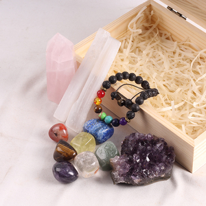 Bộ đá tự nhiên đánh bóng, 7 luân xa, trị liệu, thiết kế nghệ thuật dân gian, hộp gỗ, bộ quà tặng thiền định - Product Image 6