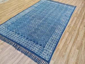 Alfombra Kilim de Algodón Tejida a Mano en Azul Índigo, con Estampado de Bloques, Tejido Plano, Estilo Boho, para Piso, 5x8, 6x9, 8x10, 9x12 - Product Image 1