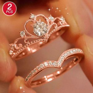 Platinum Plated Luxury Crown Zircon Stacked <b>Ring</b> 2pcs/set for Women Mirco Pave Sparkling Bling Zirconium <b>Diamond</b> <b>Ring</b> for Women - Product Image 3