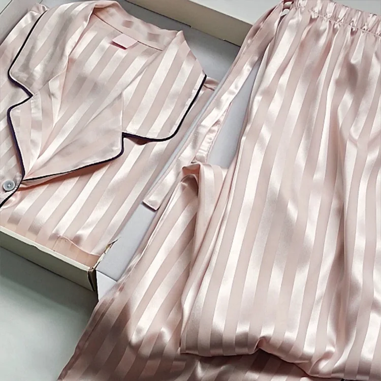 Custom Luxury 100% Satin Pajamas Sets Girls Pyjamas Home Comfortable Blank Stripe Silk Pajamas Women Sleepwear