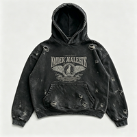 Sweat à capuche pour homme en coton épais, effet vieilli et déchiré, avec impression graphique emblème d'aigle et délavage acide, vente en gros fabricant