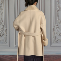 Jxwatcher Luxuriöse Handgefertigte Wollfleece-Jacke Flauschiger Großer Echter Nerzpelzkragen Weiche Herbst-Winter Doppelseitige Damen-Strickjacke mit Gürtel