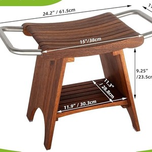 Tabouret de douche en teck Ruoyi 44,5x34,5x20cm avec poignée en acier inoxydable et étagère de rangement - Product Image 2