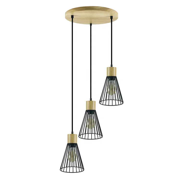 220V E27 Black Color Iron Cage Modern Nordic 3 lights Pendant Light Dining Room Kitchen Metal Wood Hanging Ceiling Pendant Lamp