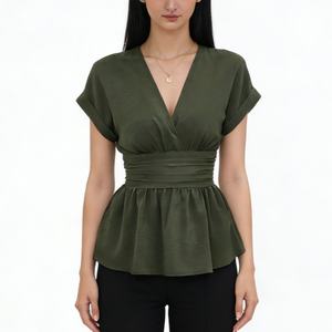 Women's V-Neck Peplum <b>Top</b> Short Sleeve Smocked Waist Casual Blouse Shirt Fashion - Product Image 5