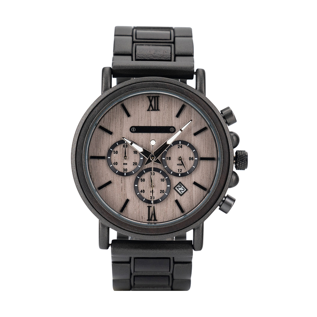 Chronograph Men's 43mm Antique Stainless Steel & Wooden Band Business Quartz Wristwatch with Luminous Pointers