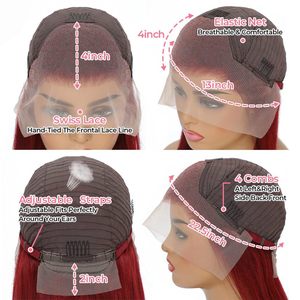 วิกผมสังเคราะห์แบบเต็มศีรษะ 13*4  แบบตรง <span class=keywords><strong>สี</strong></span>เบอร์กันดี 99j  พร้อมผมที่ถอนมาแล้ว  ขายส่งจากโรงงาน - Product Image 3