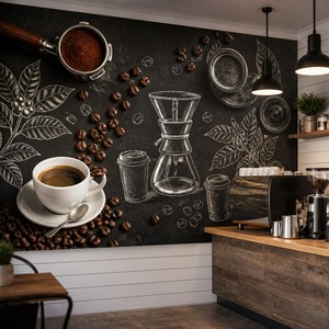 Carta da Parati Artistica Personalizzata Effetto <span class=keywords><strong>Lavagna</strong></span> per Caffè, Ristoranti e Cucine - Murale su Tela a Olio <span class=keywords><strong>con</strong></span> Portafiltro e Chemex - Product Image 1