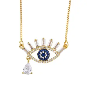 BD-E541 Kalung Mata Turki Emas Kubik Zirkonia Yunani Biru Liontin Mata Kalung Mode Perhiasan Aksesori Wanita
