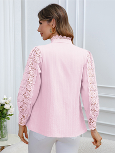 Plus Size Elegant Casual Colorful Lace O-Neck Full Sleeve Solid Autumn/Spring Women's <b>Blouse</b> - Product Image 4