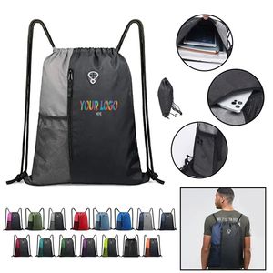 Large Size Drawstring Backpack with Two Zipper Pockets Water Bottle Mesh Pockets Sports Gym <b>Bag</b> for Women Men Lining Polyester - Product Image 1