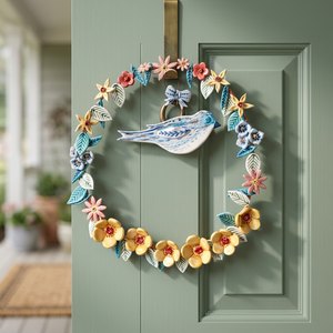 Corona Floral Metálica Hecha a Mano con Decoración de Pájaros, Estilo Rústico, Decoración de Pared sin Iluminación, Paquete Individual - Product Image 3