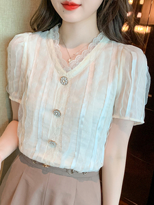 Mùa Hè Áo Phụ Nữ Ngắn Tay Áo V Cổ Ren Áo Sơ Mi Áo Sơ Mi Áo Sơ Mi Áo Sơ Mi Nữ Áo Cánh Nữ Áo Sơ Mi - Product Image 2