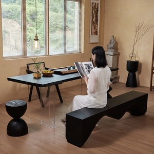 Taburete bajo de esquina de madera maciza, taburete <span class=keywords><strong>para</strong></span> cambiar zapatos de madera Original sedoso negro carbonizado <span class=keywords><strong>para</strong></span> decoración del hogar, sala de estar tallada al aire libre - Product Image 3