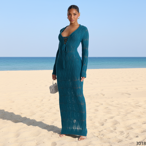 Robe de plage unie sexy en maille ajourée avec nœud sur le devant, robe longue moulante maxi pour femme, ensemble robe <span class=keywords><strong>pull</strong></span> - Product Image 5