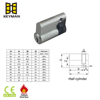 Cylindre européen en laiton semi-fin Keyman ignifuge et durable EN1303 45 mm avec 3 clés pour serrure à mortaise CE, finition nickel satiné