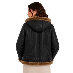 Blouson aviateur pour femme <span class=keywords><strong>en</strong></span> peau de <span class=keywords><strong>mouton</strong></span> véritable, à capuche avec garniture <span class=keywords><strong>en</strong></span> fourrure de renard, manteau de pilote premium sur mesure, vêtement d'extérieur automne fini - Product Image 3
