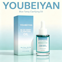 Marque propre, huile de teinture bronzante naturelle et biologique à l'arbre à thé et au jojoba, soin hydratant pour la peau, visage bleu.