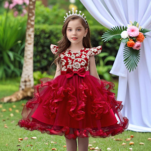 Children's Princess Dress Wine <b>Red</b> <b>Sequined</b> Tutu Skirt Stage Performance Girls Lace Dress - Product Image 1