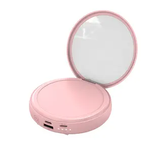 Mini portable 20000 mA large capacity with cable power bank makeup mirror round gift power bank