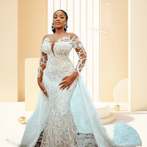 Nouvelle Robe de Mariée Sirène Africaine 2023, Coupe Ajustée, Manches Longues, Dentelle Couleur Chair, Col Rond, avec Liens, Robe de Mariée Nuptiale - Product Image 1
