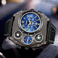 Montre pour homme Oulm, bracelet en cuir vintage, montre ovale à grand cadran avec plusieurs fuseaux horaires, boussole, montre à quartz pour homme