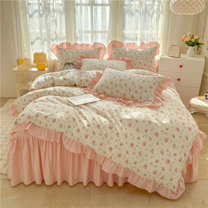 Parure de lit 4 pièces en coton pur style coréen avec imprimé floral, jupe de lit princesse, utilisation quatre saisons - Product Image 3