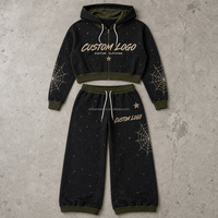 Ensemble décontracté deux pièces pour homme avec haut zippé et pantalon de jogging à cordon de serrage, imprimé toile étoilée noire, OEM ODM