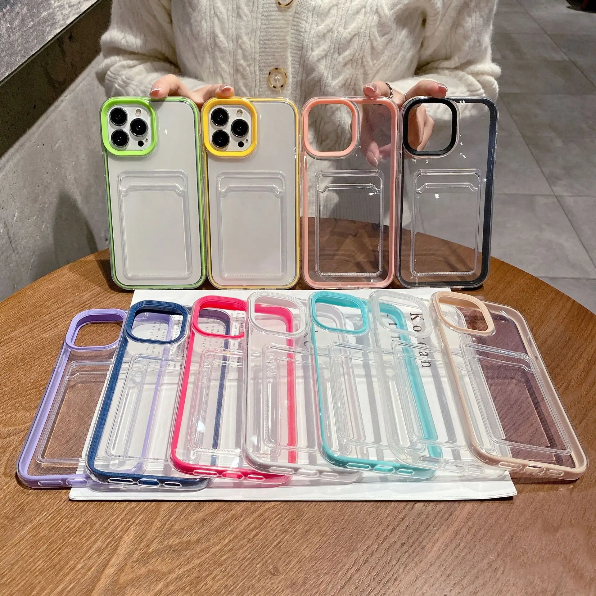 Solid color transparent fashionable three in one card case phone case for iphone Xr Xs 11 12 13 14 15Pro Max Cell Cover funda