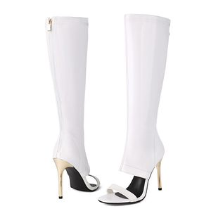 Summer Open Toe Single Band Knee High Boots Women's Patent Sandals Shoes High Heels Big Size 46 Back Zipper Long <b>Booties</b> - Product Image 4