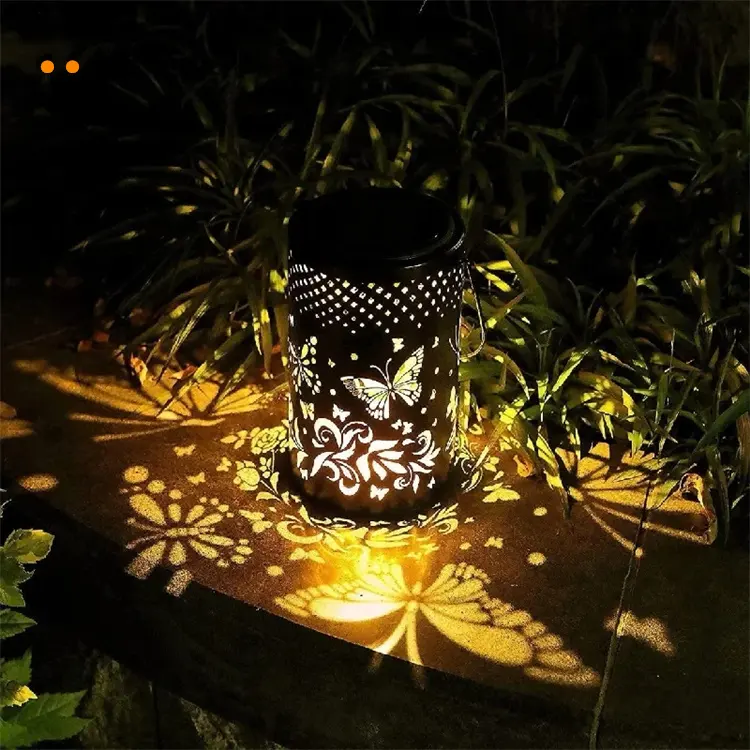 Led Solar Lights Hanging Lantern Retro Solar Iron Art Lantern with Handle Outdoor Metal Hollow Light for Garden Fence Yard