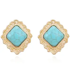 2023 Valentines Days retro square alloy studded turquoise earrings simple design French geometric natural stone gold earrings