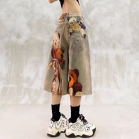 Jean Baggy Américain Tendance Vintage avec Imprimé 3D Motif Ours, Dentelle et Chaîne de Perles – Personnalisable, Style Streetwear Punk