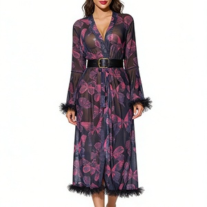 Robe longue transparente imprimée pour femme, col en V, style kimono avec bordure en tulle, chemise de nuit, pyjama, vêtements de nuit, mode - Product Image 2